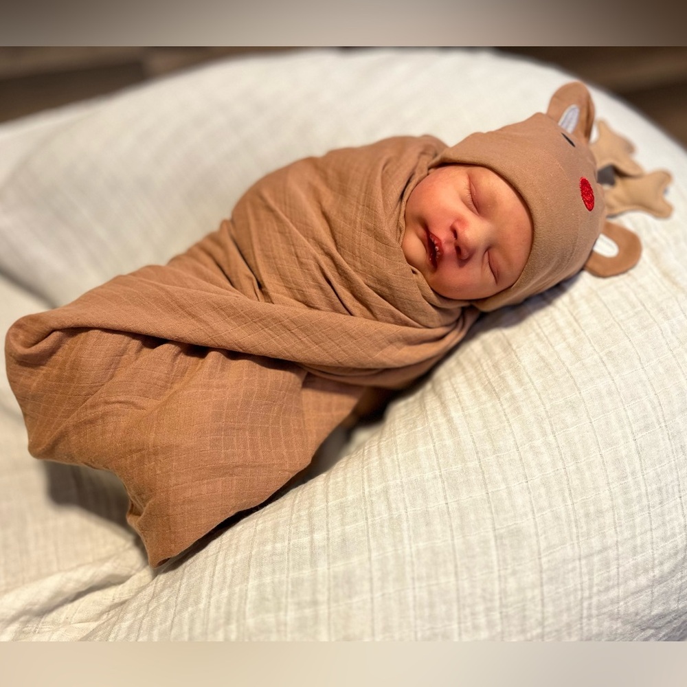 Reindeer Muslin Swaddle and Hat Set